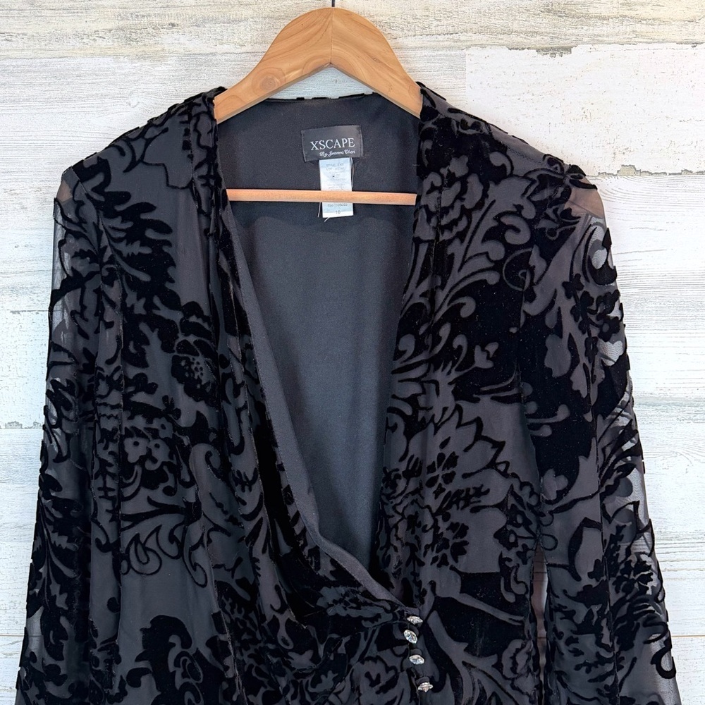 Xscape Whimsigoth Sheer Black Burnout Velvet Bell Sleeve Wrap Top 10 Gothic - Picture 9 of 15